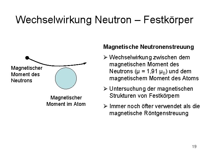 Wechselwirkung Neutron – Festkörper Magnetische Neutronenstreuung Ø Wechselwirkung zwischen dem magnetischen Moment des Neutrons