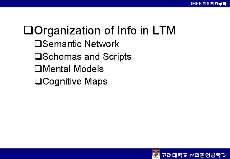 IMEN 315 인간공학 q. Organization of Info in LTM q. Semantic Network q. Schemas