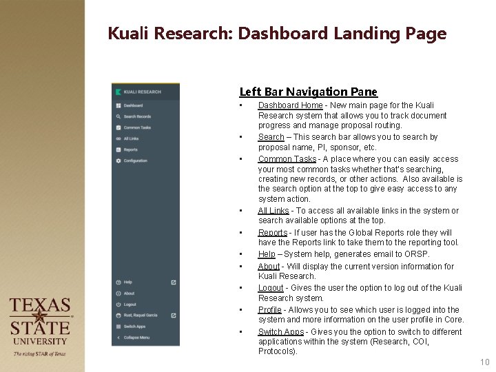 Kuali Research: Dashboard Landing Page Left Bar Navigation Pane • • • Dashboard Home