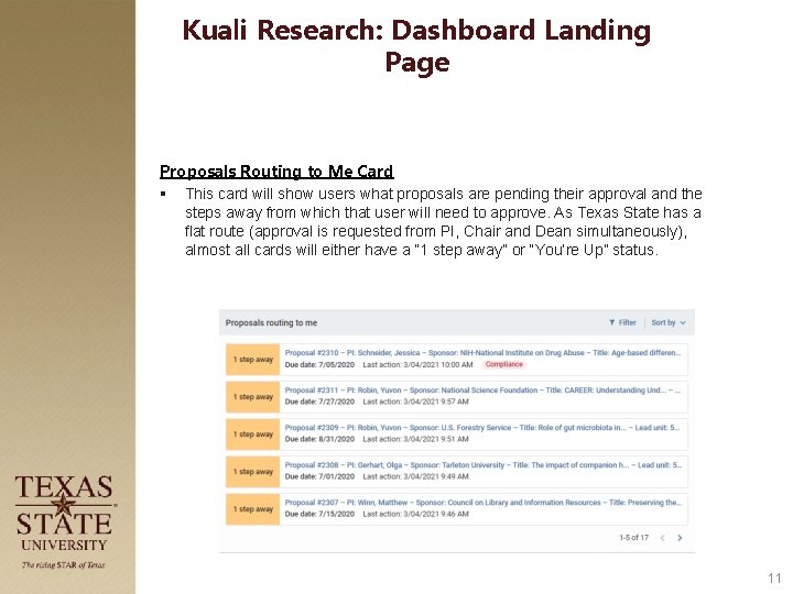 Kuali Research: Dashboard Landing Page Proposals Routing to Me Card § This card will