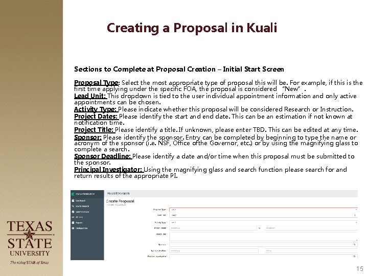 Creating a Proposal in Kuali Sections to Complete at Proposal Creation – Initial Start