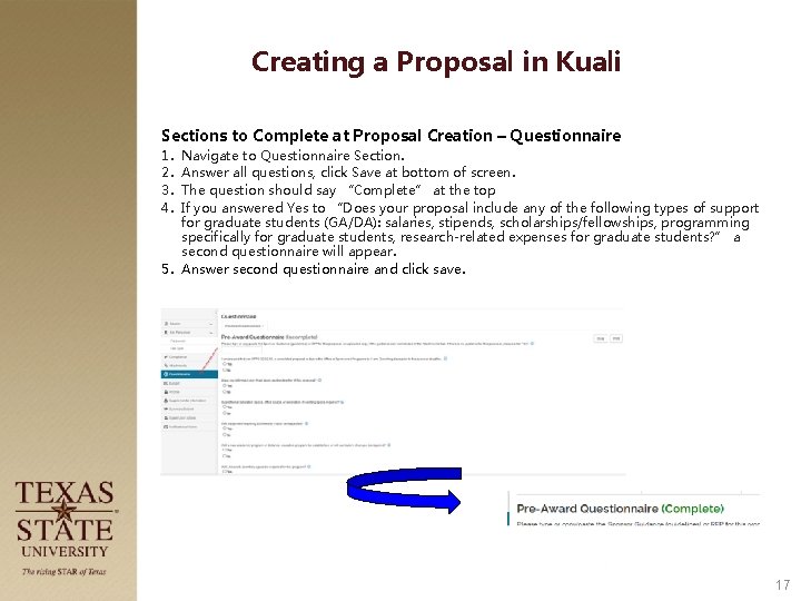 Creating a Proposal in Kuali Sections to Complete at Proposal Creation – Questionnaire 1.