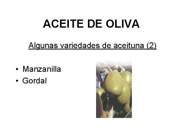 ACEITE DE OLIVA Algunas variedades de aceituna (2) • Manzanilla • Gordal 