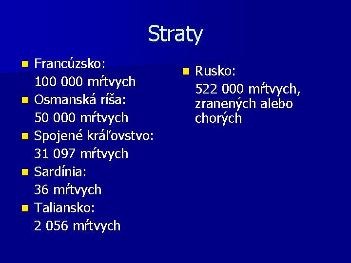 Straty n n n Francúzsko: 100 000 mŕtvych Osmanská ríša: 50 000 mŕtvych Spojené