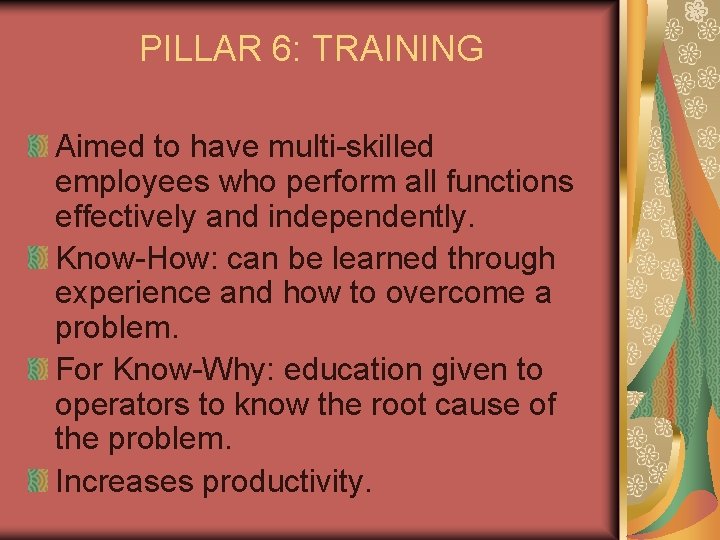 PILLAR 6: TRAINING Aimed to have multi-skilled employees who perform all functions effectively and