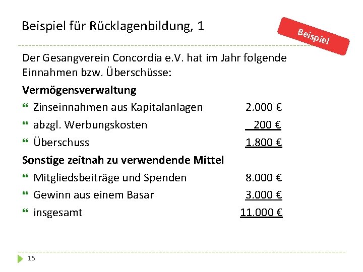 Beispiel für Rücklagenbildung, 1 Der Gesangverein Concordia e. V. hat im Jahr folgende Einnahmen