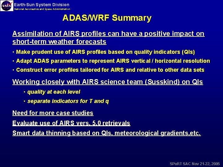 Earth-Sun System Division National Aeronautics and Space Administration ADAS/WRF Summary Assimilation of AIRS profiles