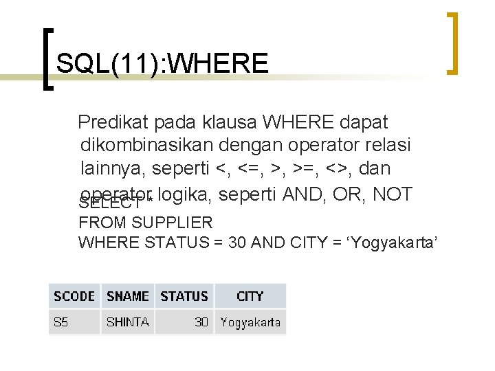 SQL(11): WHERE Predikat pada klausa WHERE dapat dikombinasikan dengan operator relasi lainnya, seperti <,