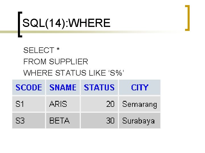 SQL(14): WHERE SELECT * FROM SUPPLIER WHERE STATUS LIKE ‘S%’ 