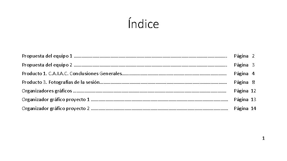 Índice Página 2 Propuesta del equipo 1 ………………………………………………………. Página 2 Propuesta del equipo 2