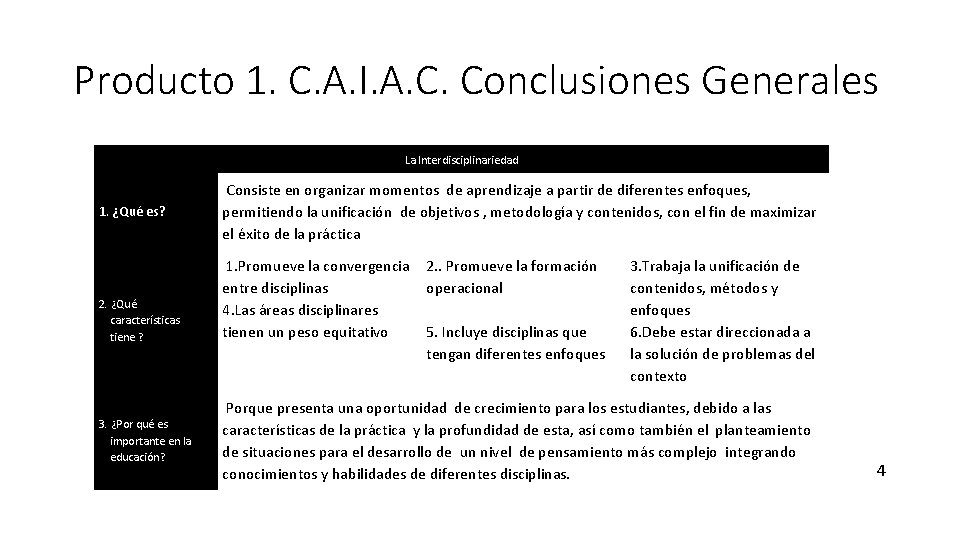 Producto 1. C. A. I. A. C. Conclusiones Generales La Interdisciplinariedad 1. ¿Qué es?