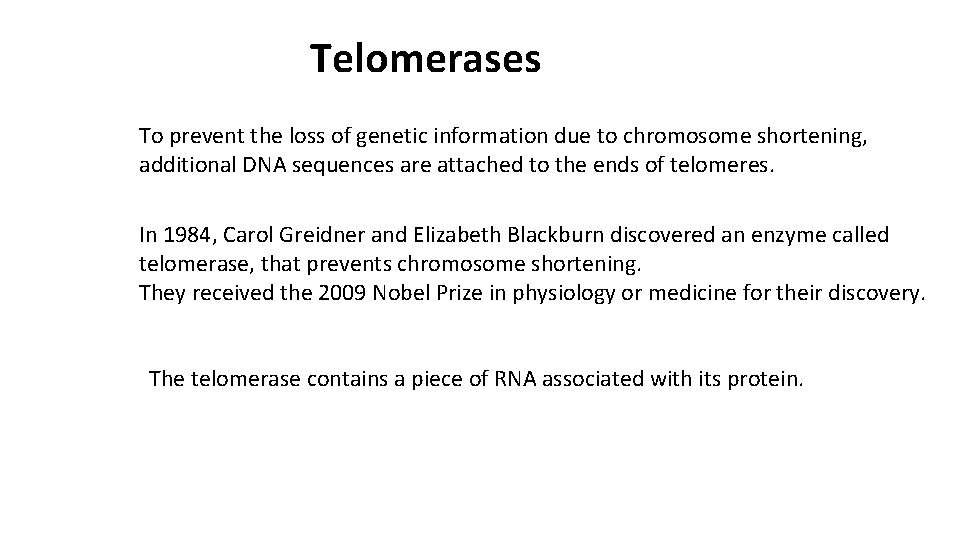 Telomerases To prevent the loss of genetic information due to chromosome shortening, additional DNA