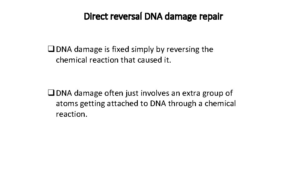 Direct reversal DNA damage repair q DNA damage is fixed simply by reversing the