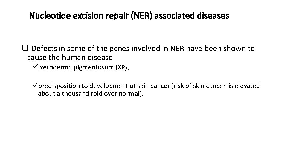 Nucleotide excision repair (NER) associated diseases q Defects in some of the genes involved