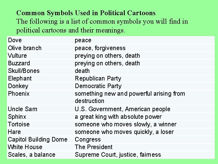 Common Symbols Used in Political Cartoons The following is a list of common symbols