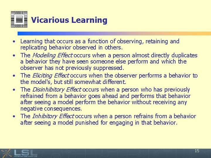 Vicarious Learning • Learning that occurs as a function of observing, retaining and replicating