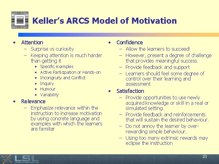 Keller’s ARCS Model of Motivation • • Attention – Surprise vs curiosity – Keeping