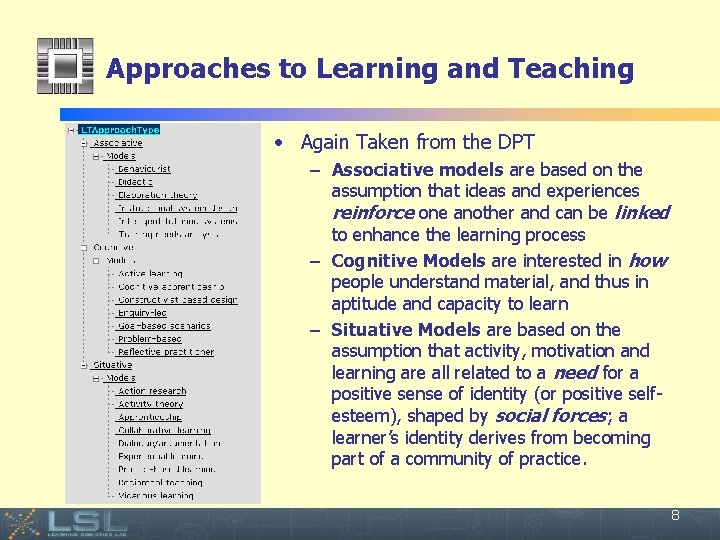 Approaches to Learning and Teaching • Again Taken from the DPT – Associative models