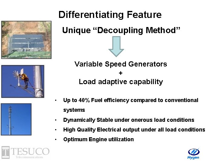 Differentiating Feature Unique “Decoupling Method” Variable Speed Generators + Load adaptive capability • Up