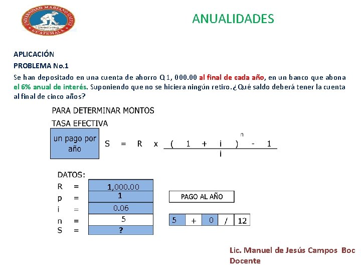 ANUALIDADES APLICACIÓN PROBLEMA No. 1 Se han depositado en una cuenta de ahorro Q