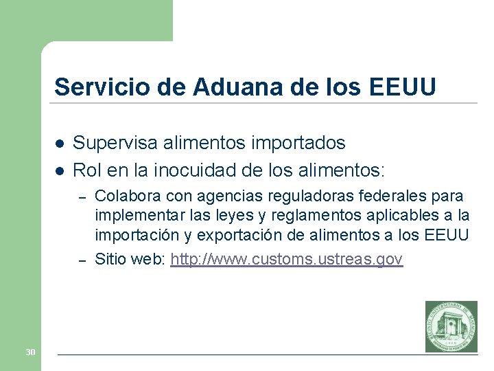 Servicio de Aduana de los EEUU l l Supervisa alimentos importados Rol en la