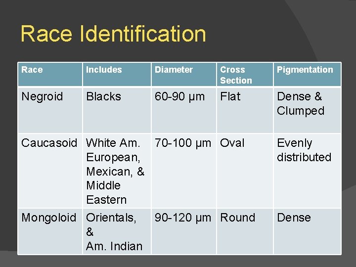 Race Identification Race Includes Diameter Cross Section Pigmentation Negroid Blacks 60 -90 µm Flat