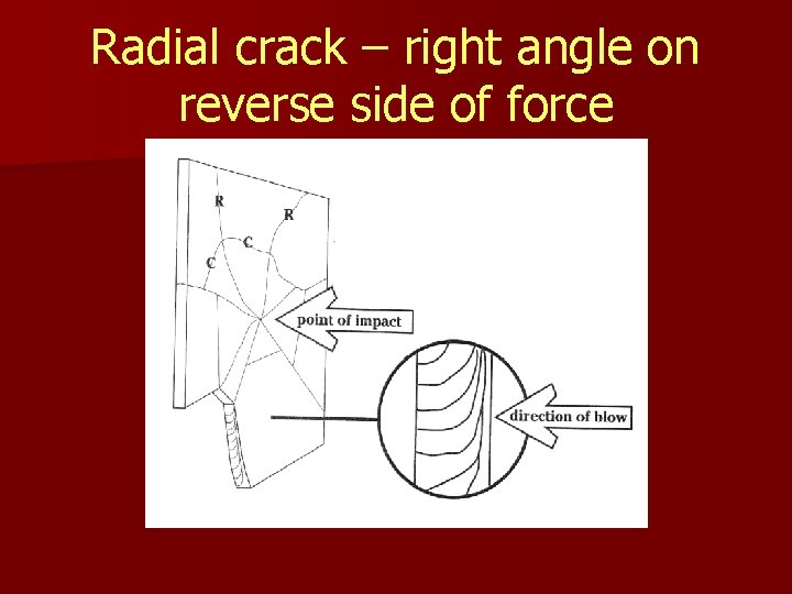 Radial crack – right angle on reverse side of force 