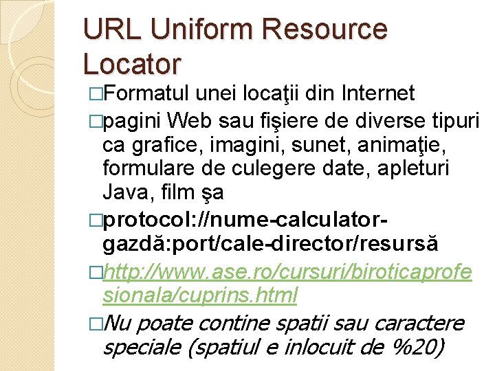 URL Uniform Resource Locator �Formatul unei locaţii din Internet �pagini Web sau fişiere de