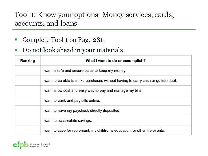 Tool 1: Know your options: Money services, cards, accounts, and loans § Complete Tool