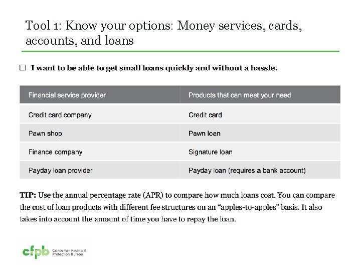 Tool 1: Know your options: Money services, cards, accounts, and loans 