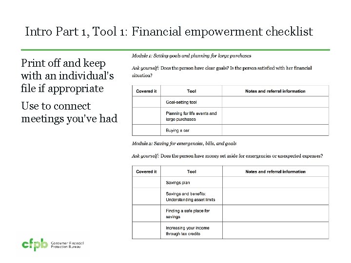 Intro Part 1, Tool 1: Financial empowerment checklist Print off and keep with an