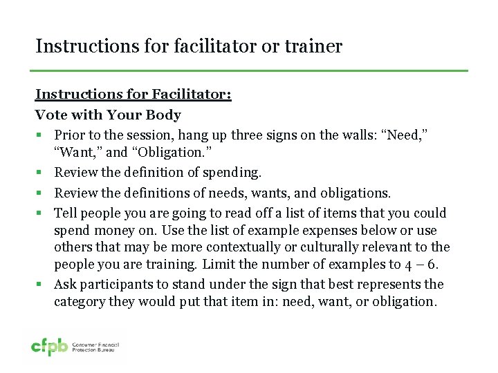 Instructions for facilitator or trainer Instructions for Facilitator: Vote with Your Body § Prior