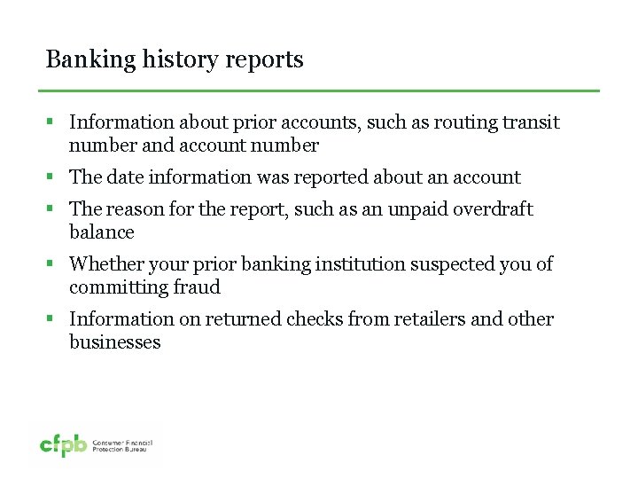 Banking history reports § Information about prior accounts, such as routing transit number and