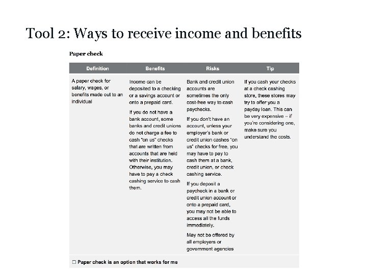 Tool 2: Ways to receive income and benefits 