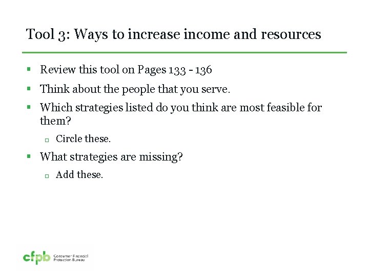 Tool 3: Ways to increase income and resources § Review this tool on Pages