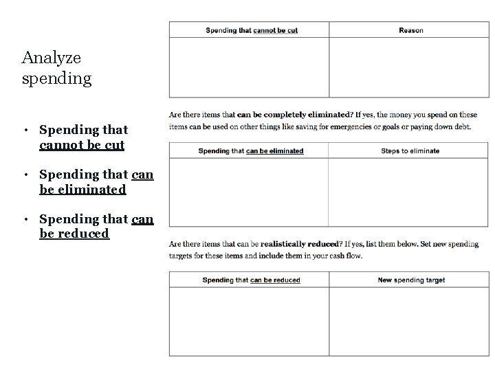 Analyze spending • Spending that cannot be cut • Spending that can be eliminated