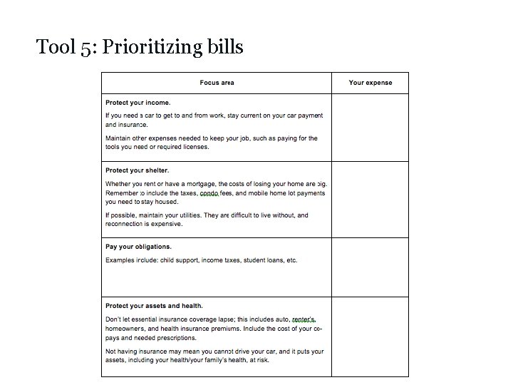 Tool 5: Prioritizing bills 