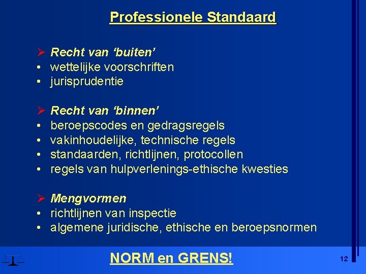 Professionele Standaard Ø Recht van ‘buiten’ • wettelijke voorschriften • jurisprudentie Ø • •