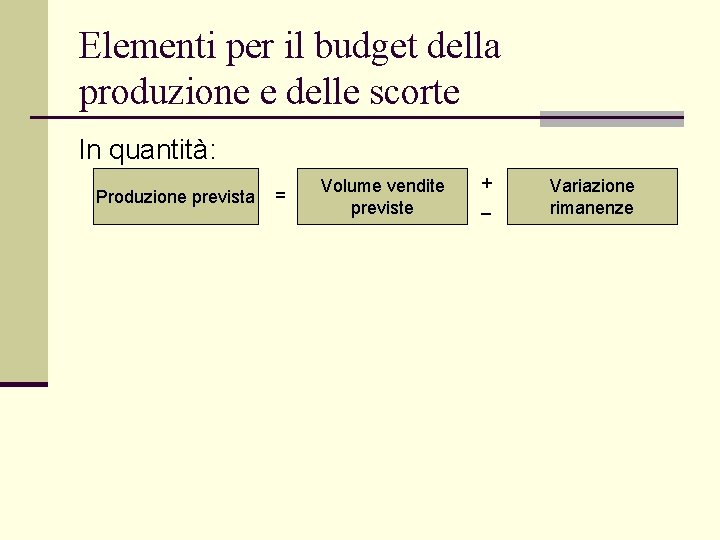 Elementi per il budget della produzione e delle scorte In quantità: Produzione prevista =