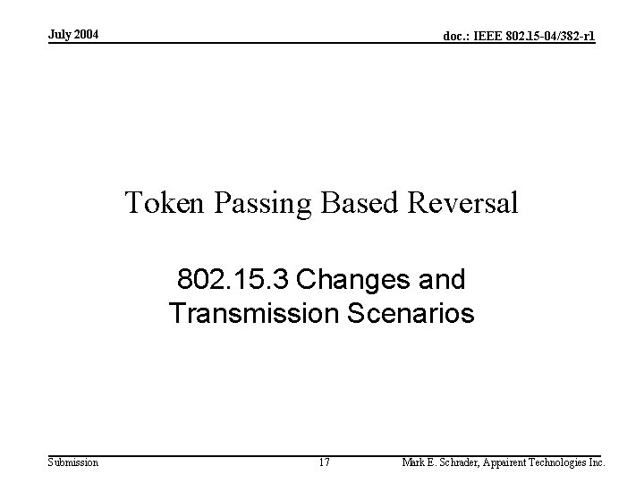 July 2004 doc. : IEEE 802. 15 -04/382 -r 1 Token Passing Based Reversal