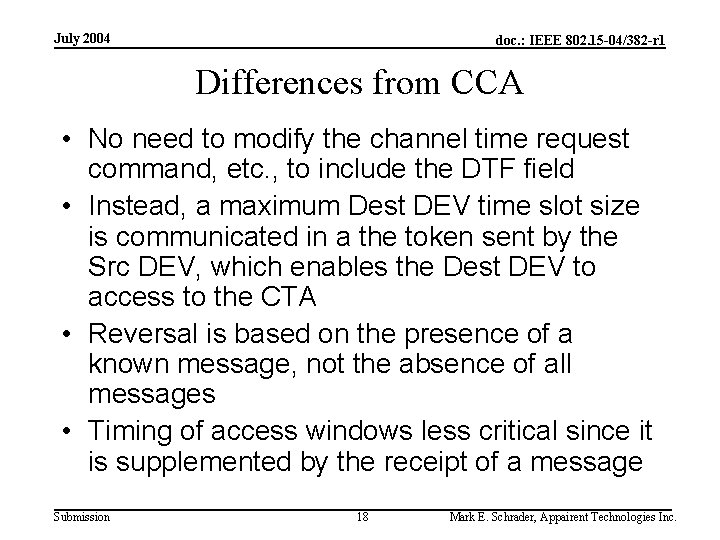 July 2004 doc. : IEEE 802. 15 -04/382 -r 1 Differences from CCA •