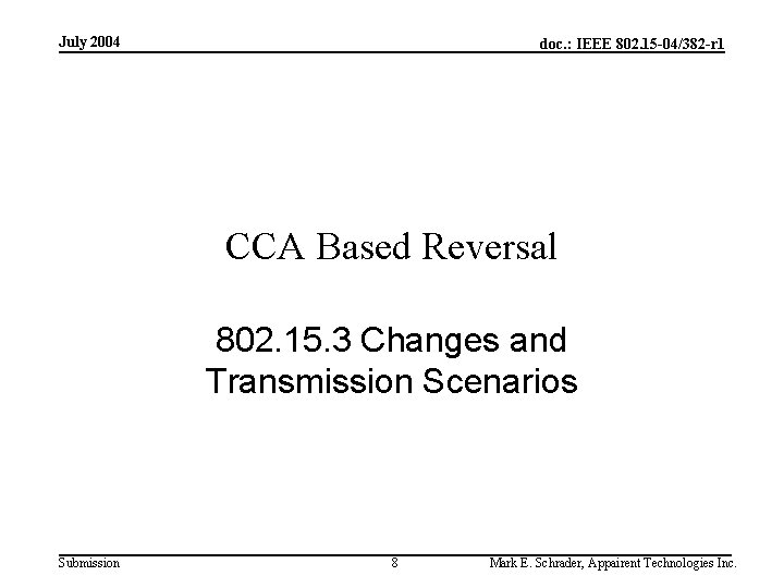 July 2004 doc. : IEEE 802. 15 -04/382 -r 1 CCA Based Reversal 802.