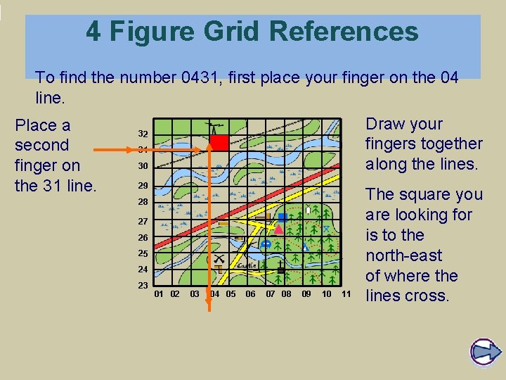 4 Figure Grid References To find the number 0431, first place your finger on