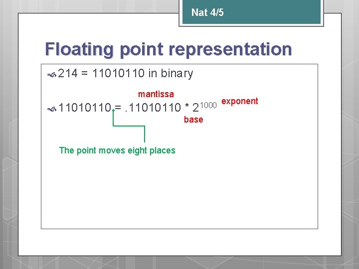 Nat 4/5 Floating point representation 214 = 11010110 in binary mantissa 11010110 =. 11010110