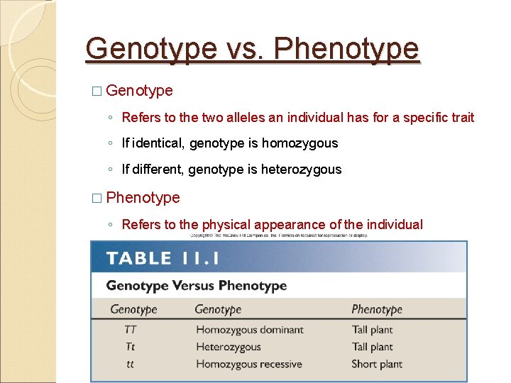 Genotype vs. Phenotype � Genotype ◦ Refers to the two alleles an individual has