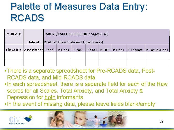 Palette of Measures Data Entry: RCADS Pre-RCADS PARENT/CAREGIVER REPORT: (ages 6 -18) Date of