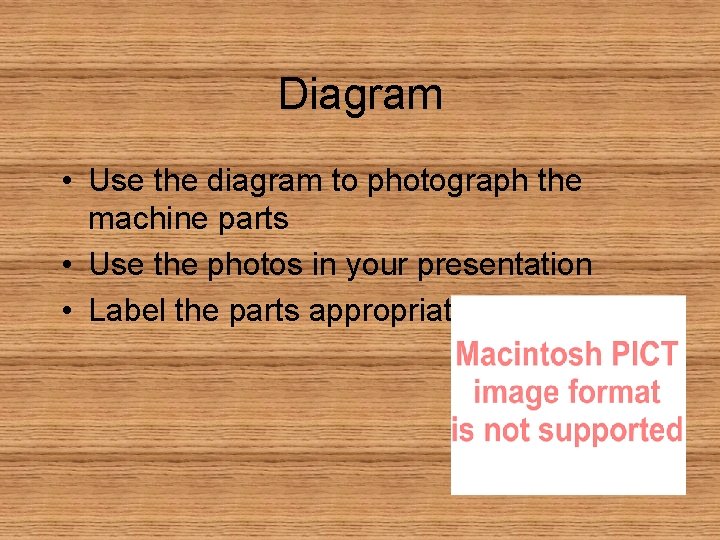 Diagram • Use the diagram to photograph the machine parts • Use the photos