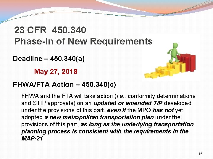 23 CFR 450. 340 Phase-In of New Requirements Deadline – 450. 340(a) May 27,