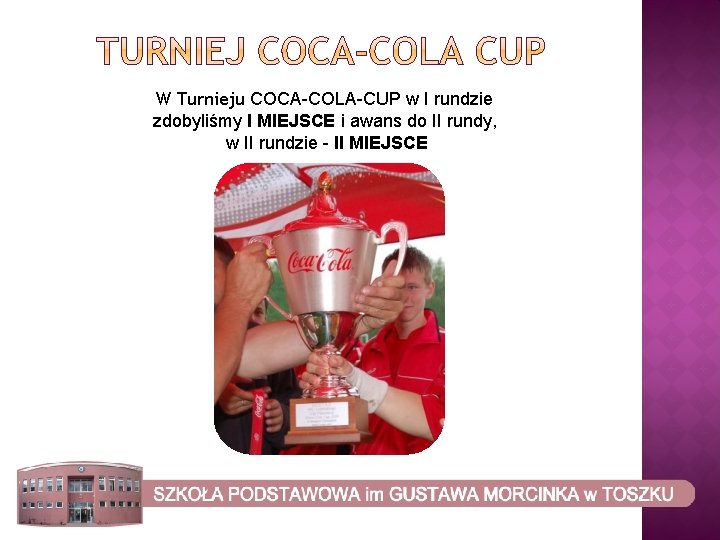 W Turnieju COCA-COLA-CUP w I rundzie zdobyliśmy I MIEJSCE i awans do II rundy,