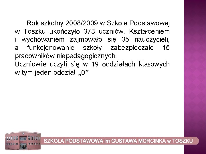 Rok szkolny 2008/2009 w Szkole Podstawowej w Toszku ukończyło 373 uczniów. Kształceniem i wychowaniem